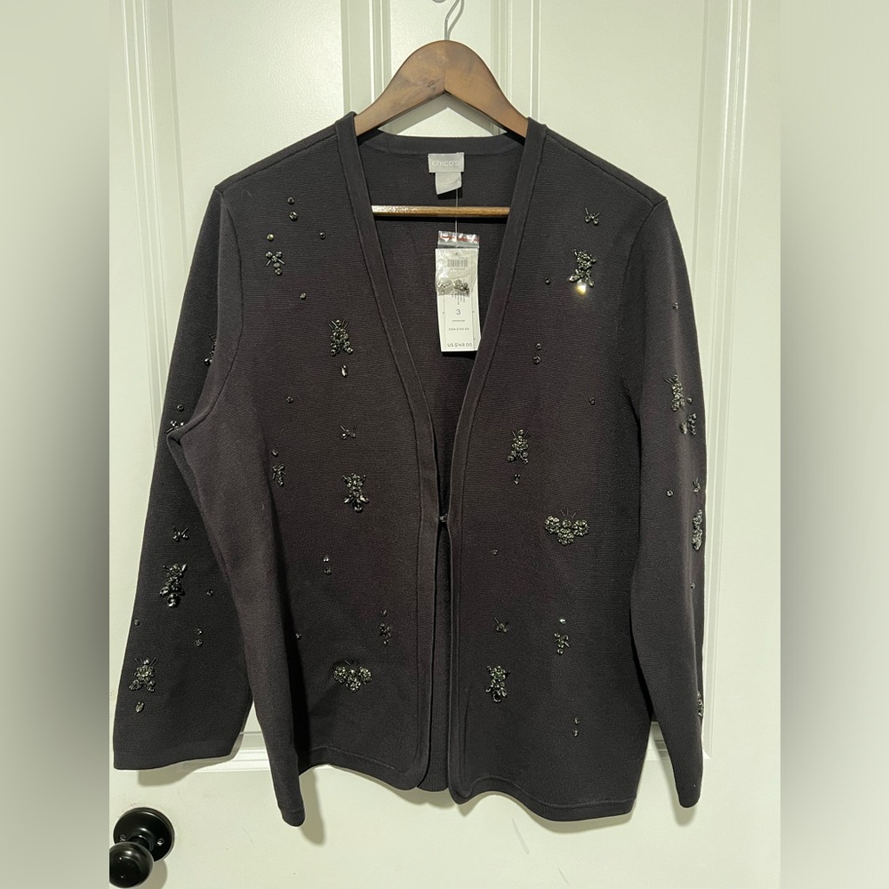 NWT - Chicos Size 16/18 Gray Cardigan w/ Embellishments